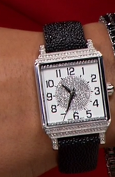 Rarities Stainless Steel 2.97ctw White Zircon & Black Spinel Stingray Leather Strap Watch